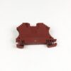 Red plastic electrical terminal block connector insert, side view with clip-style ends