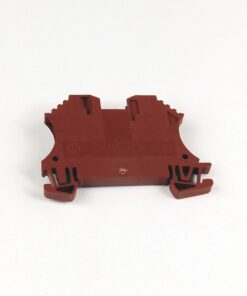 Red plastic electrical terminal block connector insert, side view with clip-style ends