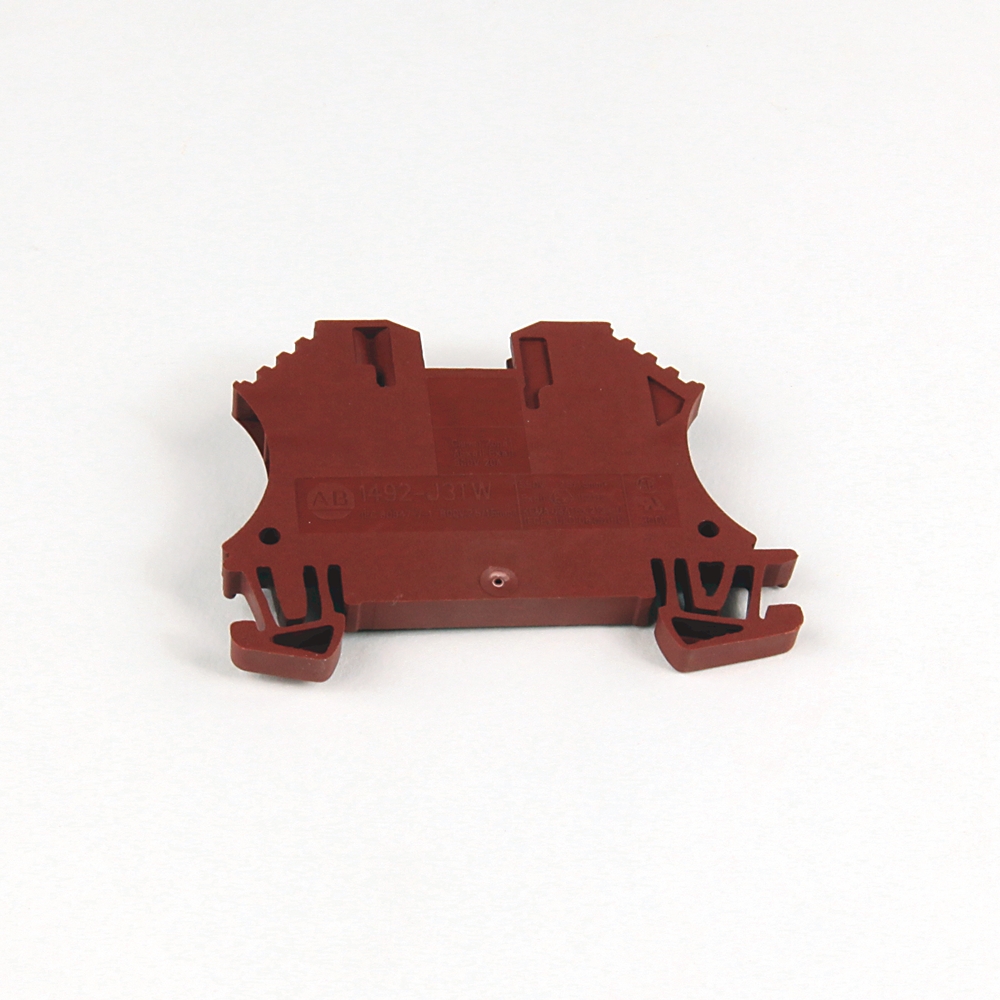 Red plastic electrical terminal block connector insert, side view with clip-style ends