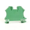 Green two-position pluggable terminal block module with screwless clamps, viewed from the side against a white background