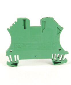 Green two-position pluggable terminal block module with screwless clamps, viewed from the side against a white background