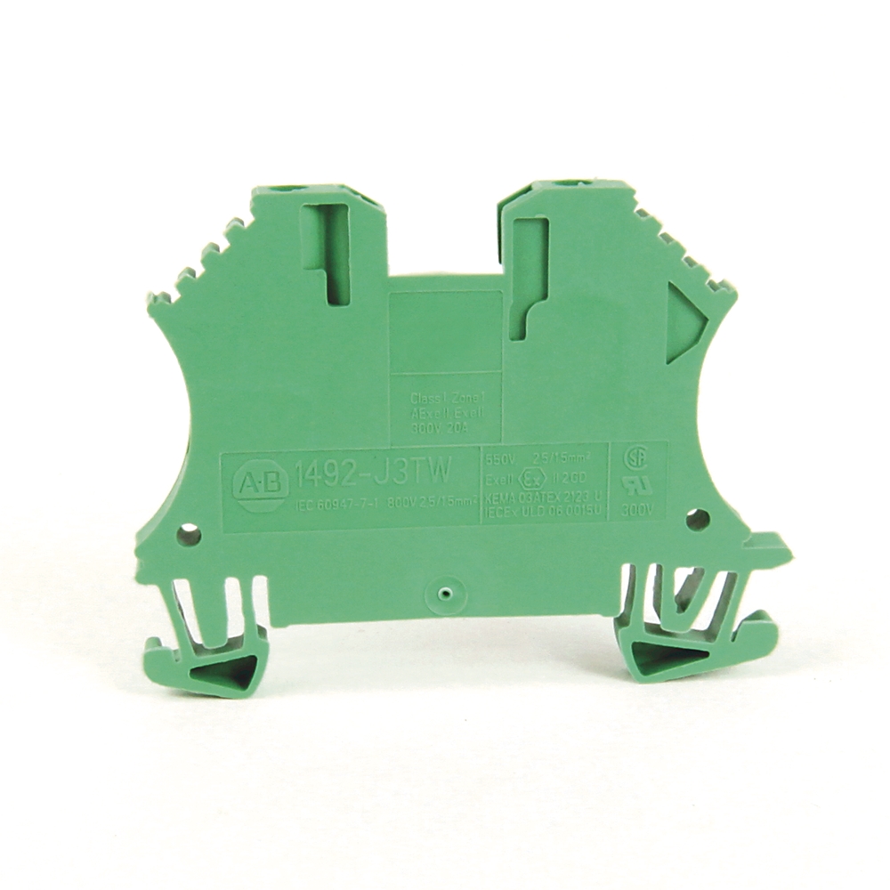 Green two-position pluggable terminal block module with screwless clamps, viewed from the side against a white background