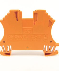 Orange plastic dual-terminal electrical terminal block connector with mounting feet, viewed from the front/back edge edge-to-edge symmetry.