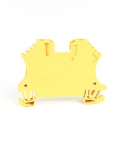 Yellow plastic electrical connector module with comb-like teeth, viewed from the side on a white background