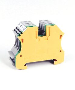 Yellow modular terminal block connector used for wiring electrical circuits. (close-up)