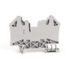 Gray modular terminal block component with multiple connection slots for electrical wiring (DIN rail style).