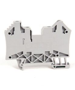 Gray modular terminal block component with multiple connection slots for electrical wiring (DIN rail style).