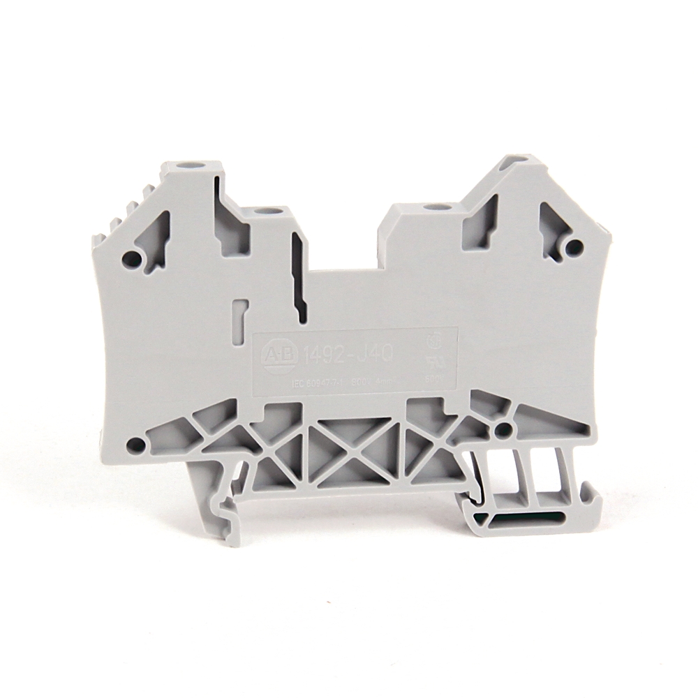 Gray modular terminal block component with multiple connection slots for electrical wiring (DIN rail style).