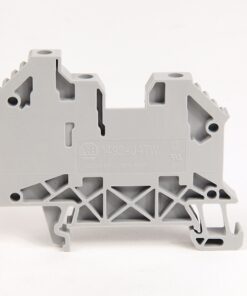Grey DIN-rail terminal block with multiple connection ports and mounting holes.