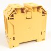 Yellow modular electrical relay enclosure with two top-terminal slots, viewed from side.