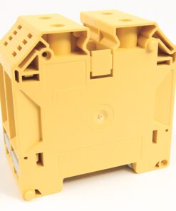 Yellow modular electrical relay enclosure with two top-terminal slots, viewed from side.