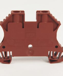 Red plastic terminal block with two top holes for screws and bottom mounting feet on a white background.