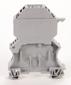 Gray modular electrical terminal block viewed from front, with screw-terminal sections on top and mounting feet for panel installation.