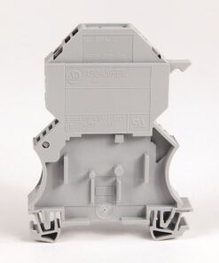 Back view of a gray modular electrical terminal block with mounting base and clamps.