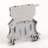 Gray plastic DIN-rail terminal block module with mounting feet and screw-terminal slots, used to join electrical wires in panels on a bus rail.