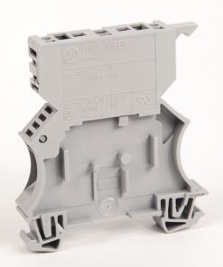 Gray plastic DIN-rail terminal block module with mounting feet and screw-terminal slots, used to join electrical wires in panels on a bus rail.