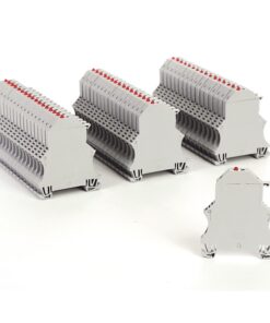 Row of gray multi-terminal blocks with red indicator caps arranged on a white surface, used in electrical wiring.