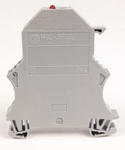 DIN-rail mounted grey electrical module with front label showing AB logo and model 1492-J6FB2 (250V, 6.3A).