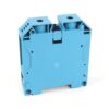 Blue plastic two-position terminal block module with screw terminals, viewed from the side in an industrial setting