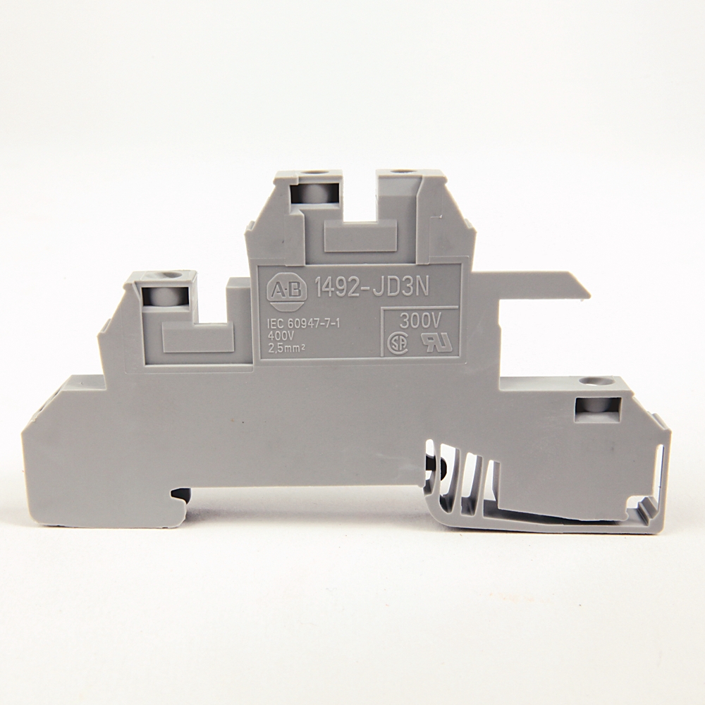 Gray DIN-rail terminal block module with multiple slots and 300V rating, labeled 1492-JD3N
