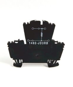 Black plastic electronic component with a small circuit diagram and the label 1492-JD3RB, standing on tiny feet pieces for mounting.