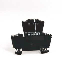 Small black plastic electronic module with a printed circuit diagram and the text 1492-JD3RB on a white background.