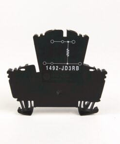Black plastic electronic component with a small circuit diagram and the text '1492-JD3RB' printed on it, four leg-like supports at the bottom