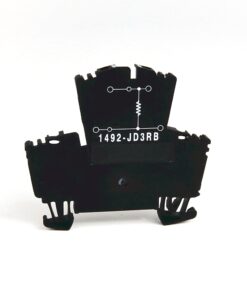 Black plastic electronic component with a white circuit diagram and part number 1492-JD3RB printed on it
