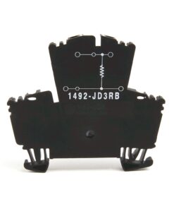 Black plastic electronic module with a small schematic diagram and the code 1492-JD3RB visible on its surface, standing on two springy feet against a white background.
