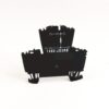 Black plastic electronic component with a white circuit diagram and serial code, standing on a white background.