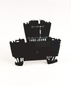 Black plastic electronic component with a white circuit diagram and serial code, standing on a white background.