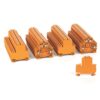 Row of orange modular terminal blocks arranged on a white background, showing screw terminals on ends.