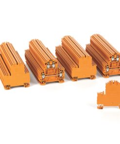 Row of orange modular terminal blocks arranged on a white background, showing screw terminals on ends.