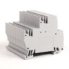 Grey multi-position terminal block connector with screw terminals for wiring.