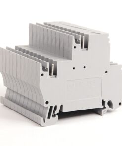 Grey multi-position terminal block connector with screw terminals for wiring.