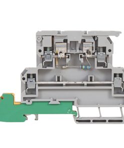 Close-up of an industrial electrical terminal block with metal contacts and a green PCB attached to the side