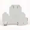 Back view of a gray modular electrical terminal/relay block with mounting slots, shown from the side. Neat, compact control-panel component.