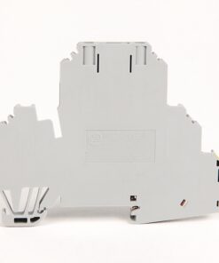 Back view of a gray modular electrical terminal/relay block with mounting slots, shown from the side. Neat, compact control-panel component.