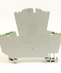 Back view of a gray DIN-rail mounted electrical module with green terminal screws on both sides and model number 1492-JDG3 on the label