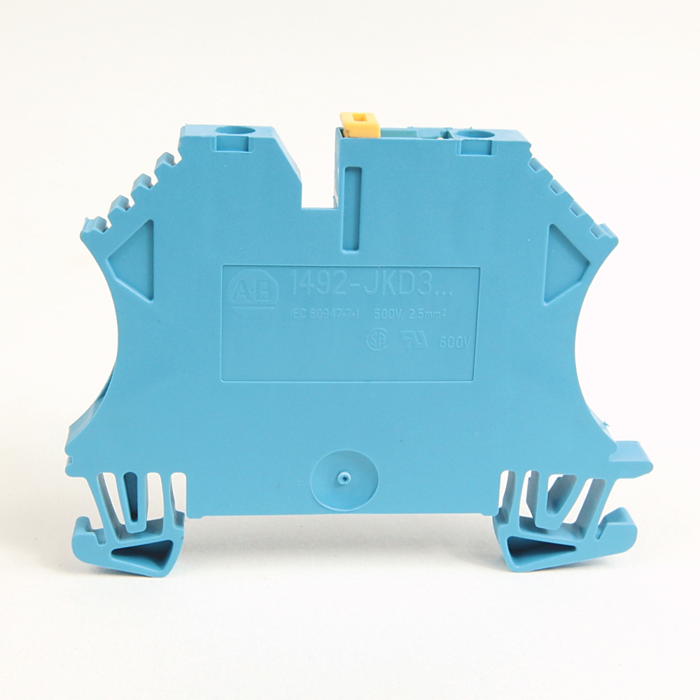 Blue modular electrical terminal block module used for wiring connections, viewed from the side with wire-slot openings visible