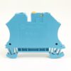 Blue modular electrical terminal block with a yellow latch, shown from the side, mounted on a rail-ready base, white background.