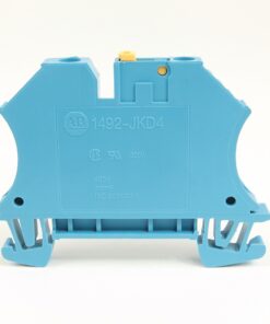 Blue modular electrical terminal block with a yellow latch, shown from the side, mounted on a rail-ready base, white background.