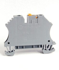 Grey DIN-rail mounted terminal block module with orange top actuator, side view on white background
