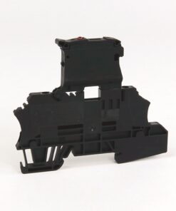 Black plastic electrical connector housing with mounting slots and wiring channels.