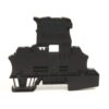 Black plastic electrical component housing with multiple slots and mounting features, likely a terminal block or relay base.