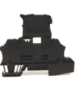 Black plastic electrical component housing with multiple slots and mounting features, likely a terminal block or relay base.