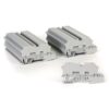 Three gray modular terminal blocks for PCB wiring, each with multiple connection slots and a compact, screwless design.