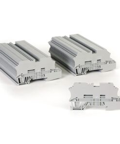 Three gray modular terminal blocks for PCB wiring, each with multiple connection slots and a compact, screwless design.