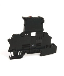 Black plastic industrial module with mounting brackets and a small red button on top, showing a complex multi-slot housing