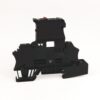 Black plastic electronic housing piece with mounting ribs and cutouts on a white background